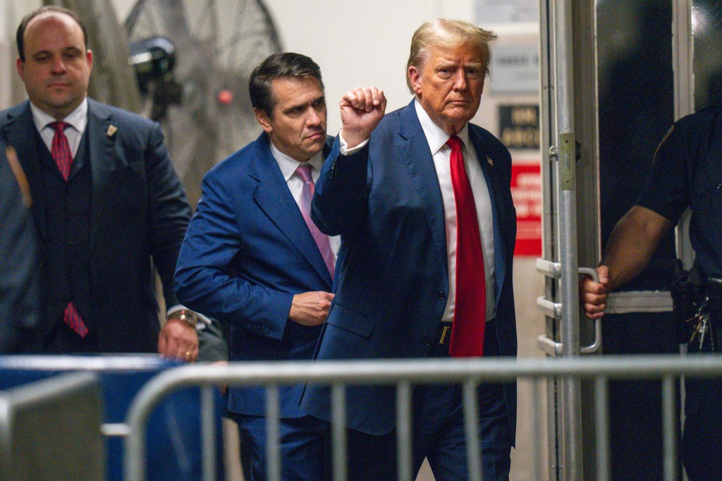 Donald Trump with attorney Todd Blanche returns to the courtroom during his trial for allegedly covering up hush money payments at Manhattan Criminal Court on May 16, 2024.