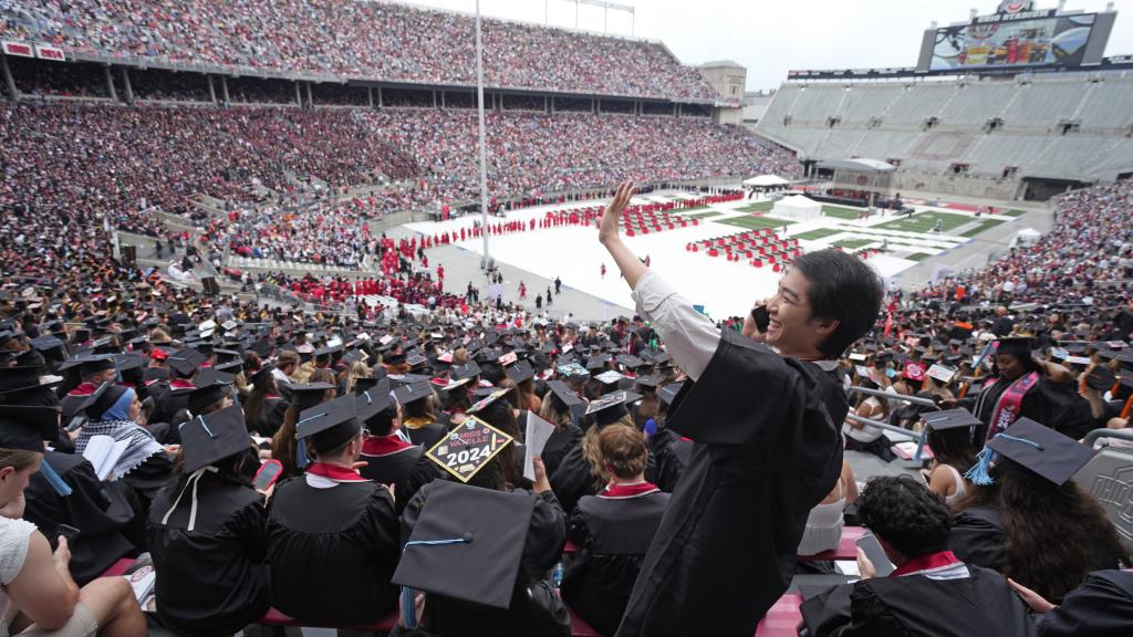 Graduates attend the Ohio State University Commencement ceremony on May 5, 2024 at Ohio Stadium.