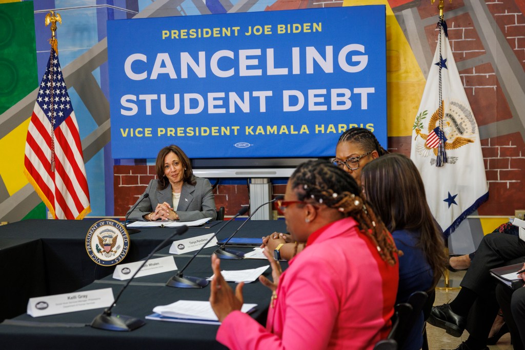 Vice President Kamala Harris listens to Kelli Gray, Social Work Services Manager, Philadelphia Department of Human Services express her experience with her personal struggle with student debt on Monday, April 8, 2024 in Philadelphia. 