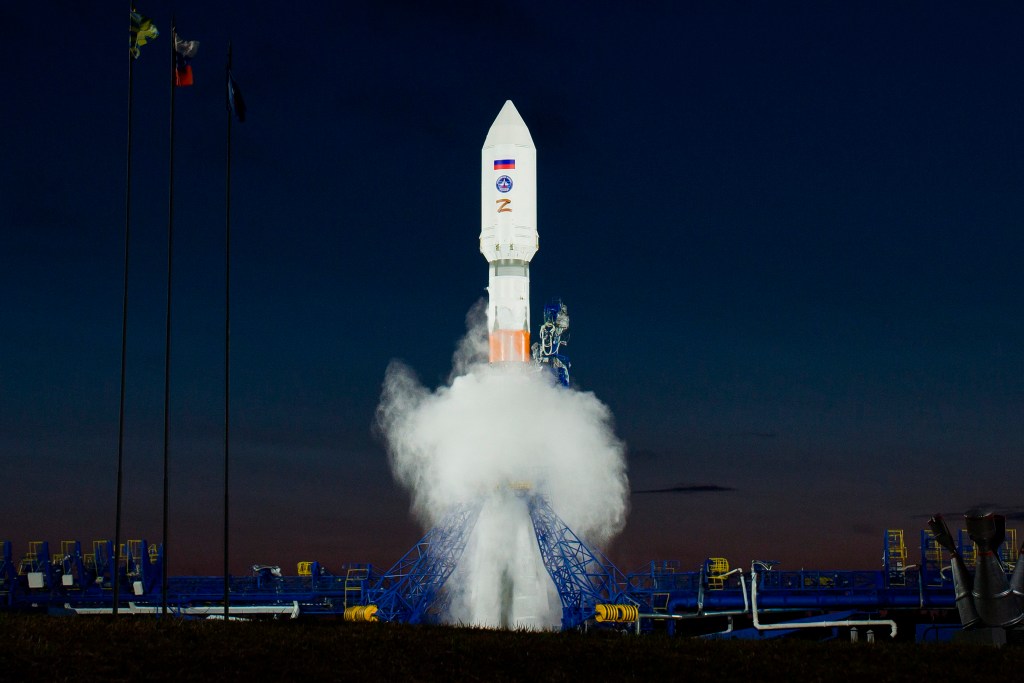 In this photo released by Russian Defense Ministry Press Service on Friday, May 17, 2024, a Soyuz-2.1b rocket carrying spacecrafts of the Russian Defense Ministry takes off from a launch pad of Plesetsk Cosmodrome outside Plesetsk.