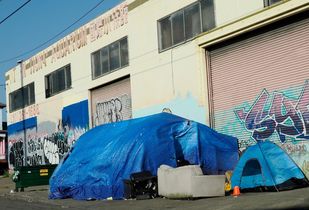 A homeless encampment is set up in Oakland, California on April 22, 2024.