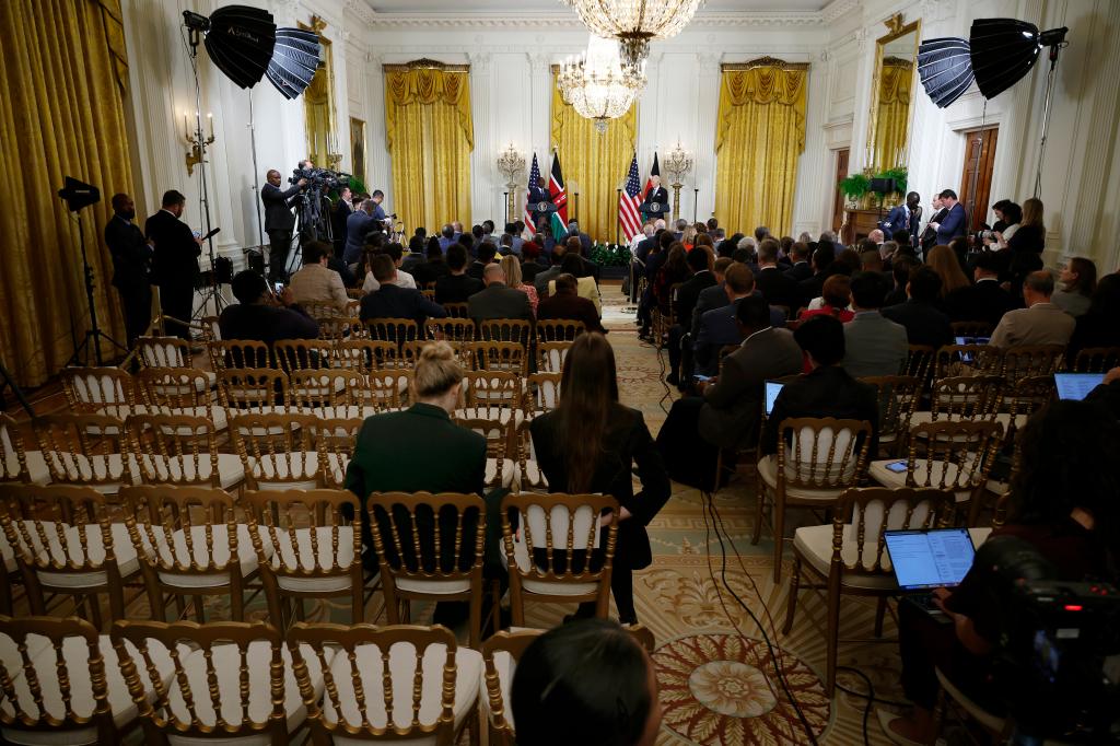Empty chairs are seen as U.S. President Joe Biden and Kenyan President William Ruto hold a joint press conference in the East Room at the White House on May 23, 2024 in Washington, DC.