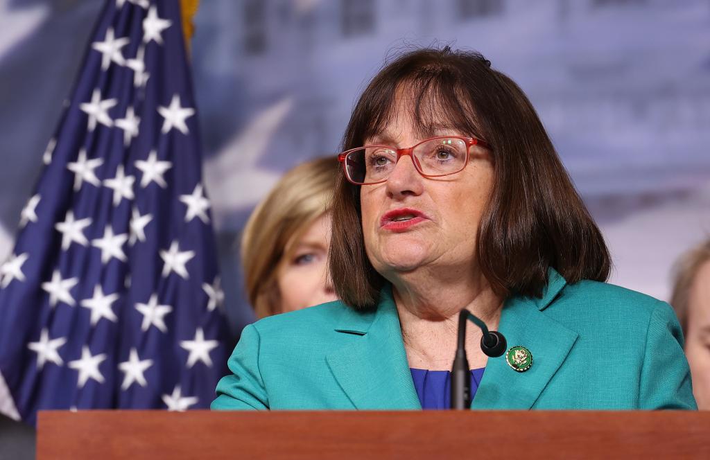 Rep. Ann McLane Kuster (D-NH) speaks at a press conference on immigration and border security on February 15, 2024 in Washington, DC.