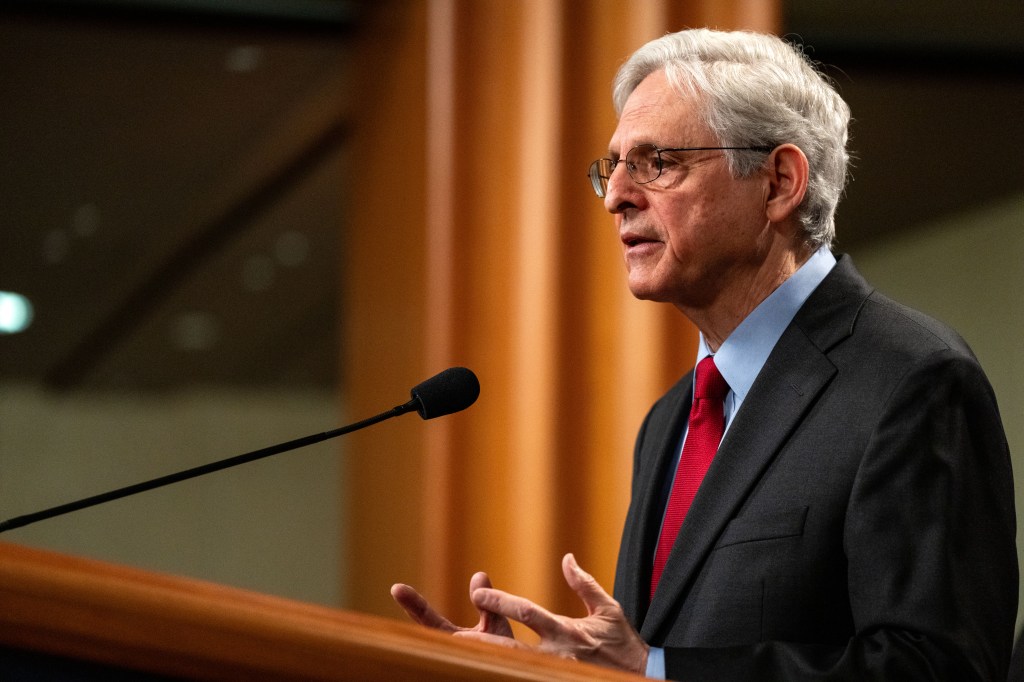 Attorney General Merrick Garland takes questions from reporters during a news conference at the Department of Justice Building on May 23, 2024 in Washington, DC.