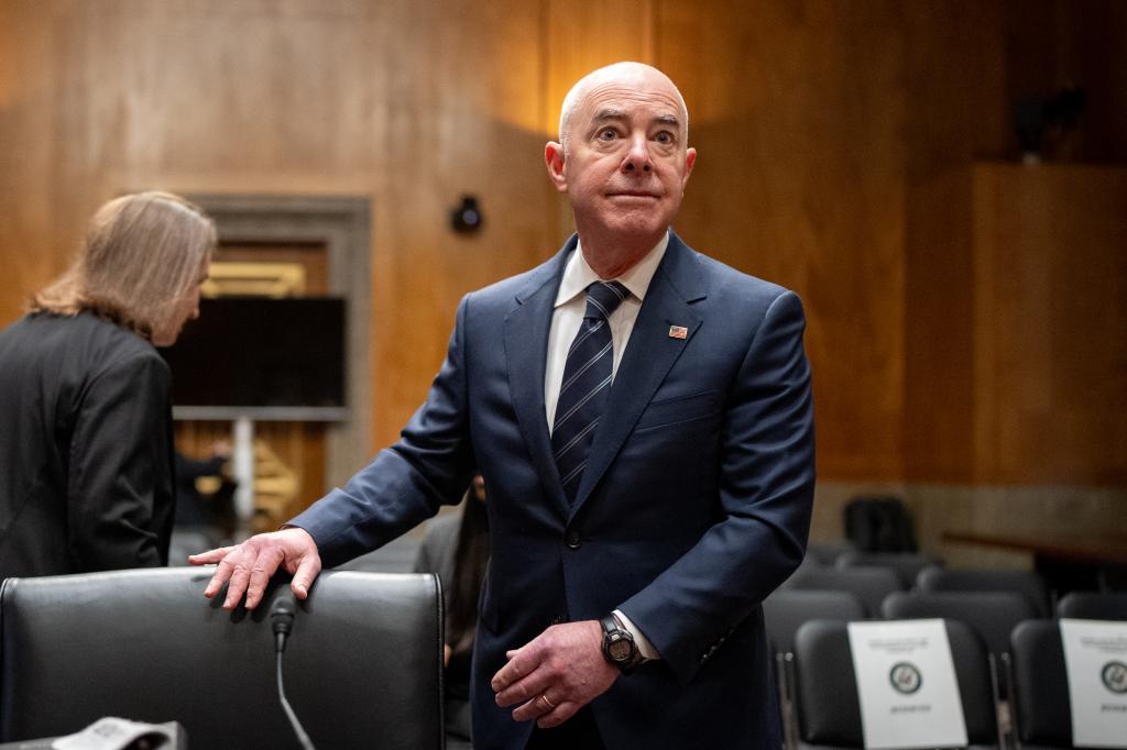 Homeland Security Secretary Alejandro Mayorkas arrives for a Senate Homeland Security and Governmental Affairs committee hearing on the department's budget request on Capitol Hill on April 18, 2024 in Washington, DC.