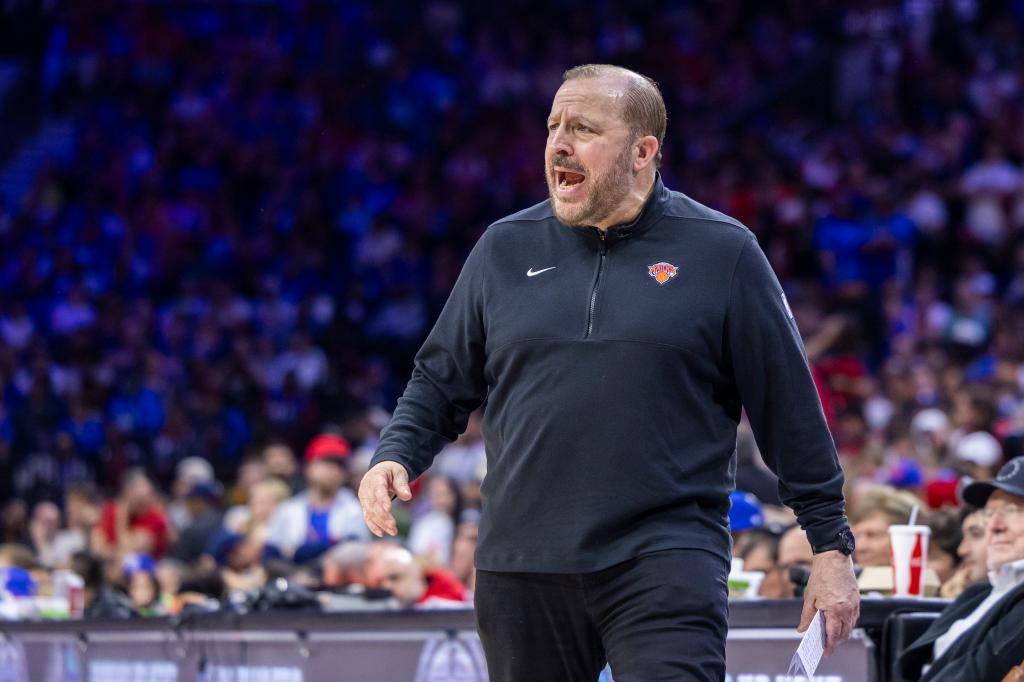 Tom Thibodeau head coach of the New York Knicks reacts on the baseline in the second half. The New York Knicks defeat the Philadelphia 76ers 97-92 in game 4 of the Eastern Conference first round at the Wells Fargo Center, Sunday, April 28, 2024, in Philadelphia, PA.