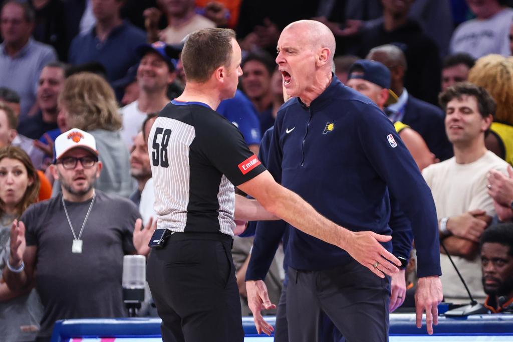 Indiana Pacers head coach Rick Carlisle argues with an official in the fourth quarter against the New York Knicks during game two of the second round for the 2024 NBA playoffs at Madison Square Garden. 
