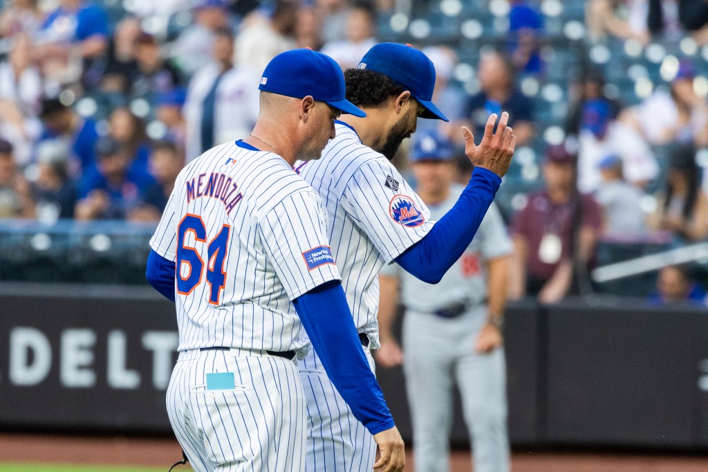 New York Mets pitcher Jorge López (52) reacts after he is ejected from the game