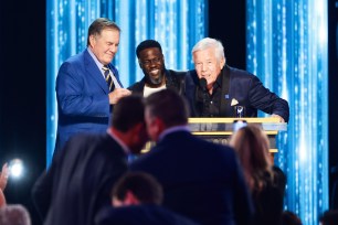 Bill Belichick, Kevin Hart and Robert Kraft speak onstage during G.R.O.A.T The Greatest Roast Of All Time: Tom Brady for the Netflix is a Joke Festival at The Kia Forum on May 05, 2024 in Inglewood, California.