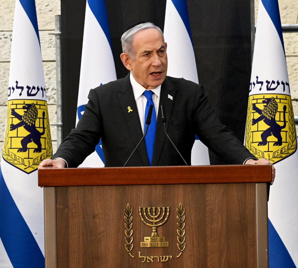 Israeli Prime Minister Benjamin Netanyahu gives a speech during a ceremony on the eve of the Memorial Day for fallen soldiers (Yom HaZikaron), at the Yad LaBanim Memorial in Jerusalem on May 12, 2024.