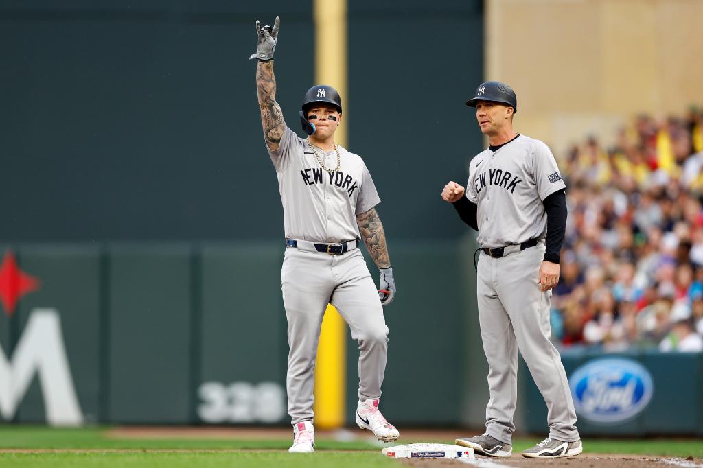 Alex Verdugo #24 of the New York Yankees celebrates his single against the Minnesota Twins in the third inning at Target Field on May 15, 2024 in Minneapolis