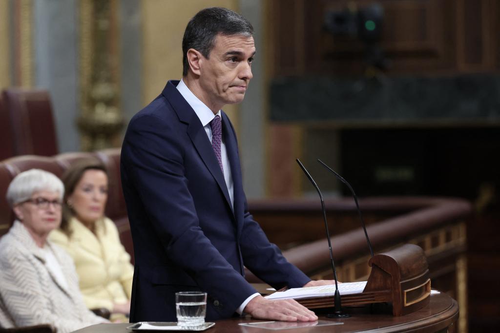 Spain's Prime Minister Pedro Sanchez delivers a speech to announce that Spain will recognise Palestine as a state on May 28, at the Congress of Deputies in Madrid on May 22, 2024.