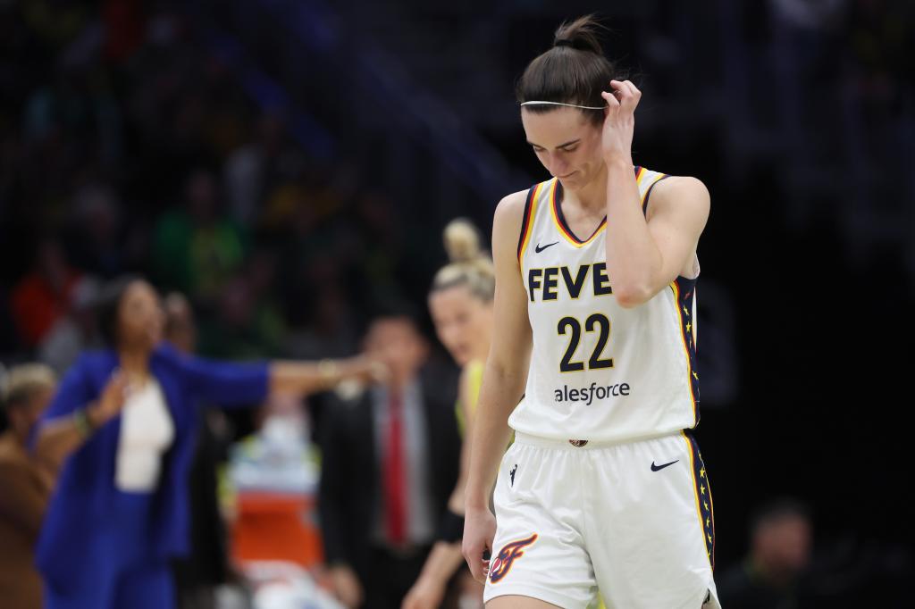 e Indiana Fever reacts during the fourth quarter against the Seattle Storm in the game at Climate Pledge Arena on May 22, 2024 in Seattle, Washington.