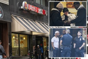 composite image:the exterior of the fulton street burger king, left; upper right people outside the burger king; lower right people outside the. burger king speaking to police officers