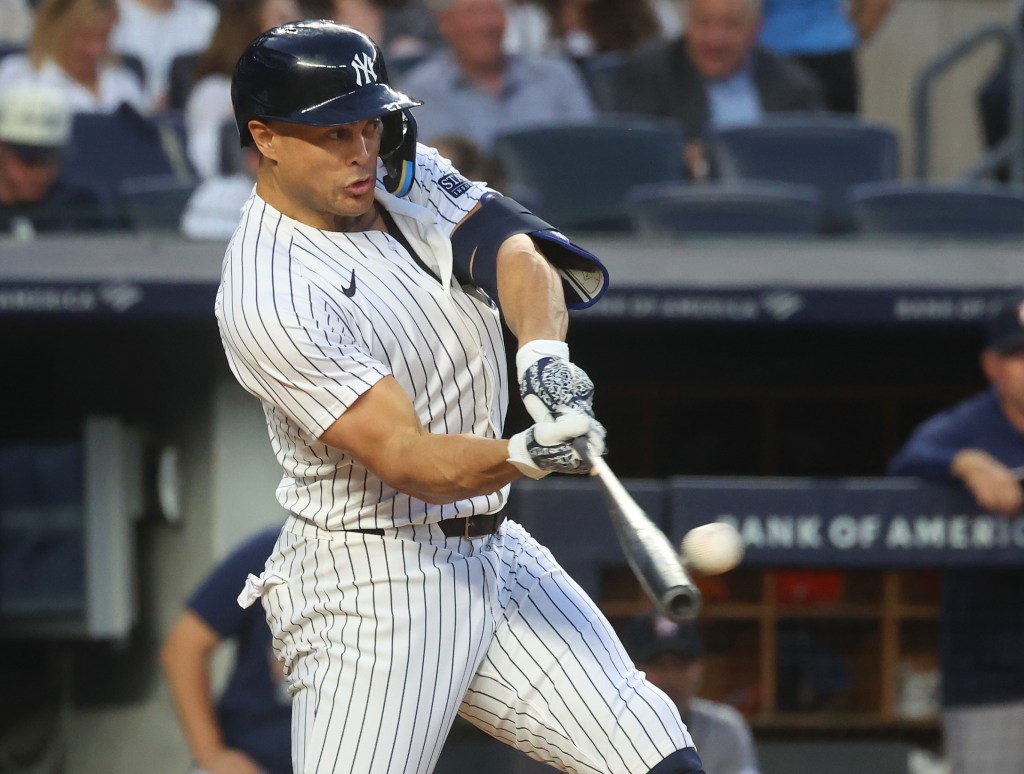 Giancarlo Stanton crushes a home run for the Yankees on Wednesday night.
