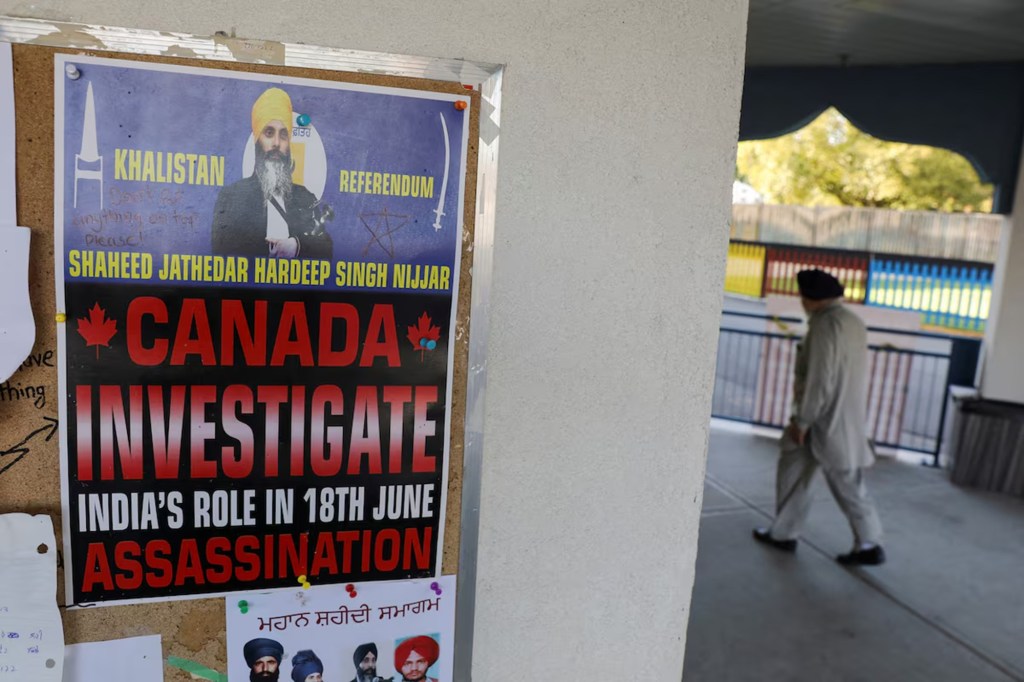 A sign asking for an investigation on India's role in the killing of Sikh leader Hardeep Singh Nijjar is seen at the Guru Nanak Sikh Gurdwara temple, in Surrey, British Columbia, Canada September 20, 2023.