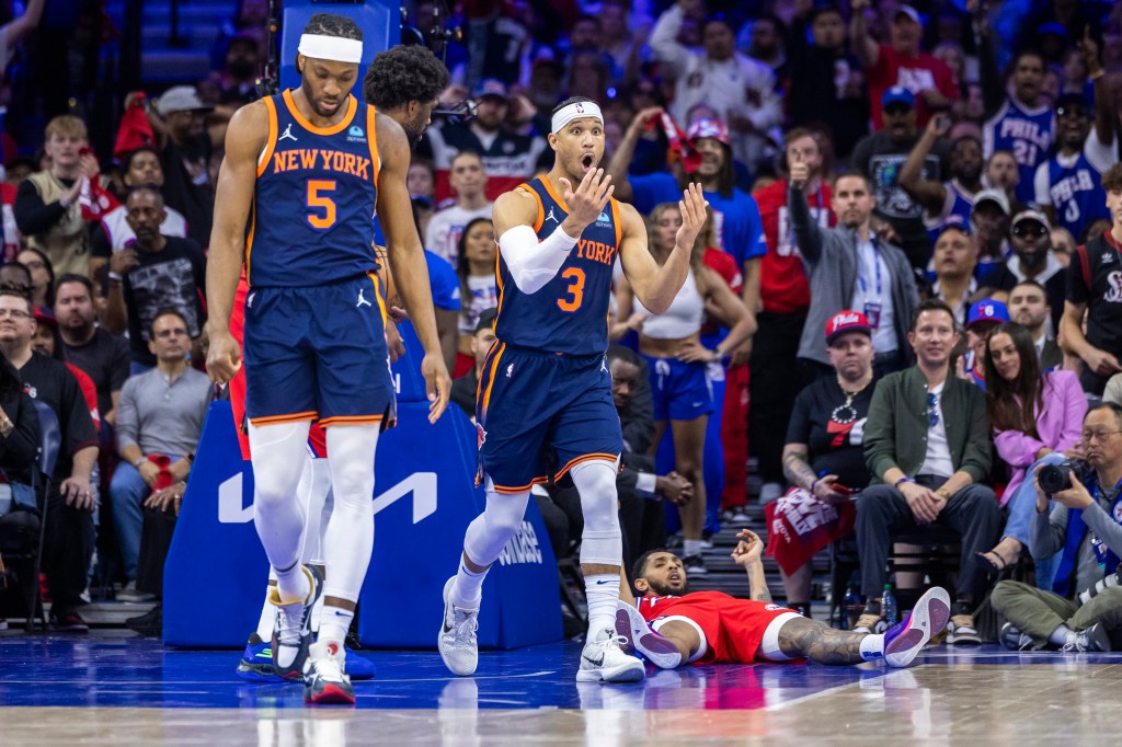 Josh Hart #3 of the New York Knicks reacts on the court in the second half