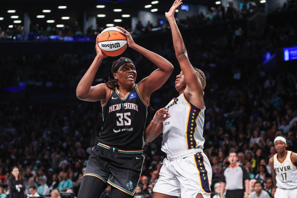 Liberty forward Jonquel Jones (35) looks to post up against Indiana Fever forward Aliyah Boston (7) in the fourth quarter at Barclays Center.