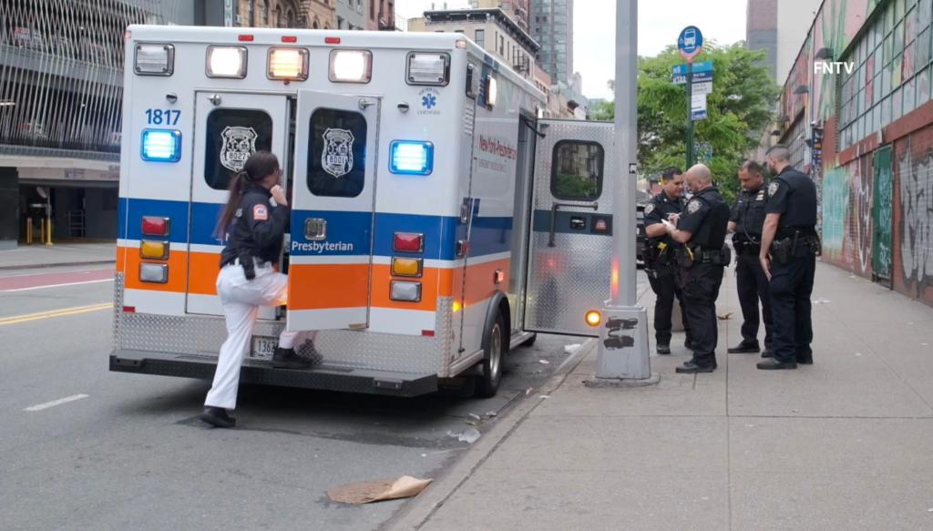An ambulance at Delancey Street/Essex Street station in Manhattan after a 36-year-old woman was slashed early on Sunday morning.