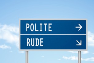 3D illustration of a road sign with the words 'polite' and 'rude' on it, isolated against a blue sky