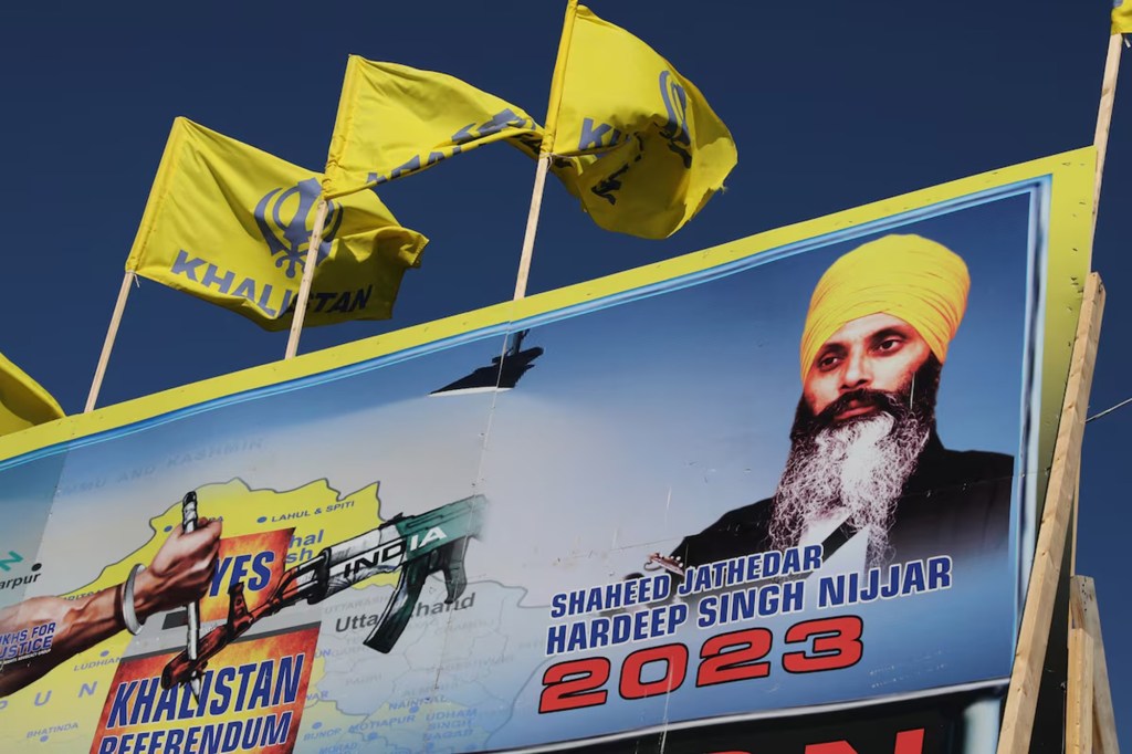 A mural features the image of late Sikh leader Hardeep Singh Nijjar, who was slain on the grounds of the Guru Nanak Sikh Gurdwara temple in June 2023, in Surrey, British Columbia, Canada September 18, 2023.