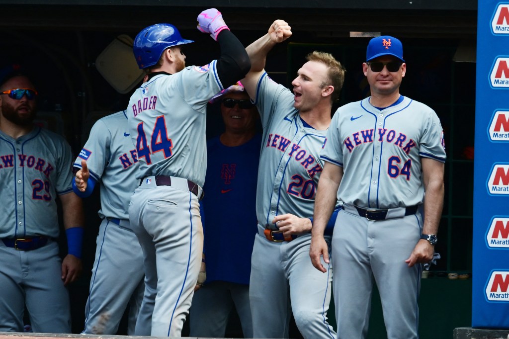 Mets center fielder Harrison Bader (44) celebrates with first baseman Pete Alonso (20) after hitting a home run during the fourth inning
