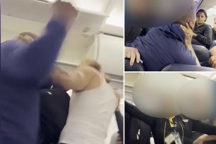 A Spirit airlines flight attendant was nearly pummeled when she desperately tried to break up a fight between two men who had been constantly arguing on the Boston-bound flight.