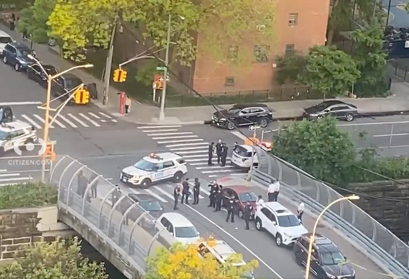 A screenshot from the Citizen App shows the scene of a collision where NYPD while responding to shooting of 13-year-old boy in the Bronx at 450 East 169th Street.