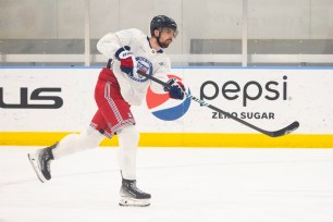 Rangers center Filip Chytil #72, during practice at the Rangers practice facility in Tarrytown, New York.