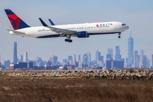 Delta Airline Boeing 767 passenger aircraft arriving at JFK International Airport from Dublin