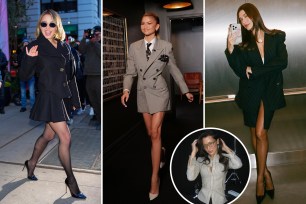 A collage featuring celebrities Sydney Sweeney, Hailey Baldwin, Bella Hadid, and Zendaya in different outfits.