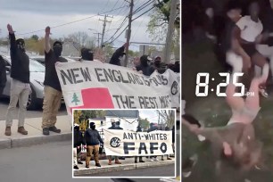 Members of the Nationalist Social Club 131 give a Nazi salute during a demonstration in Greenwich, Conn., April 28, 2024.