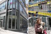 Composite of a vacant building with windows at left; deodorant lining shelves at top right; woman in a brown coat holding her dog at bottom right.