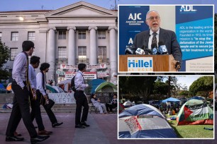 composite of University of California campus, pro-palestine encampments, and Hillel