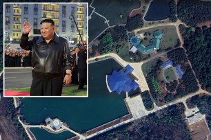 Kim Jong Un (inset); satellite image of Ryokpo Palace complex