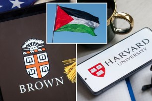 Brown folder; Harvard pin; Palestinian flag composite image