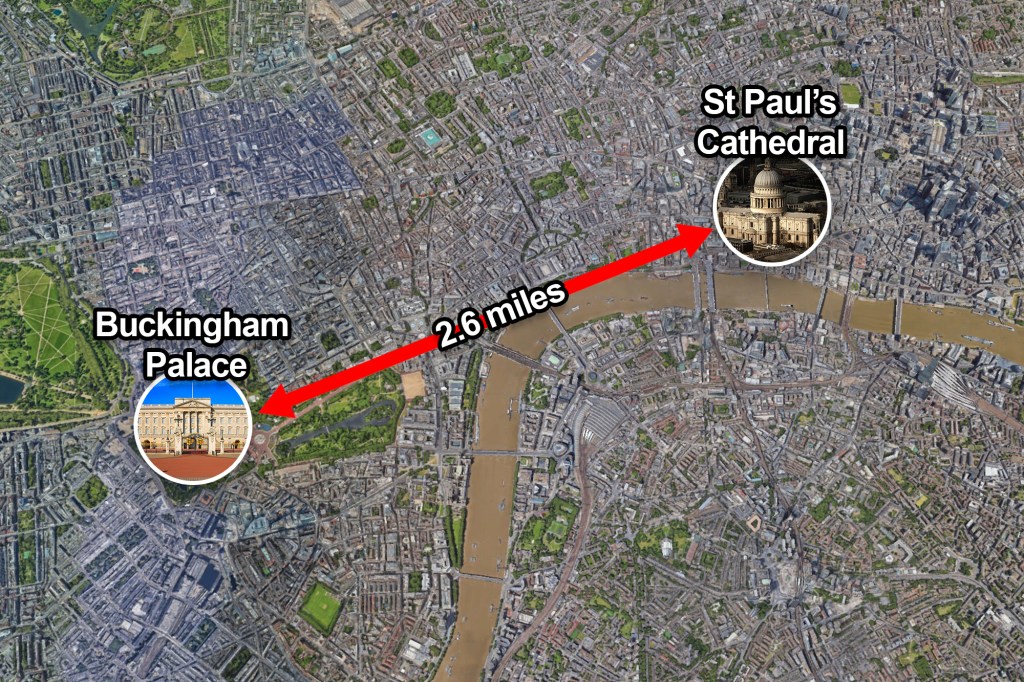 Charles hosting a garden party at Buckingham Palace and Harry attending an event at St. Paul's Cathedral shown on a city map