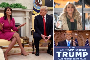 A collage featuring Donald Trump, Nikki Haley, and Trump campaign spokesperson Karoline Leavitt.