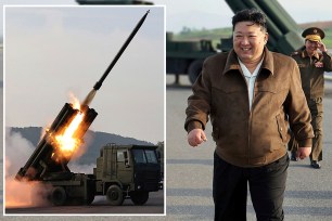 At left, a multiple rocket launch system on fire as it's angled up to the sky. At right, North Korean leader Kim Jong Un walks from a rocket launch test site with four other people behind him.