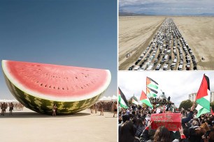 Watermelon sculpture at left; top right, massive line of cars through desert for Burning Man; bottom right, pro-Palestine protesters crowd