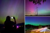 A collage of windmills at night