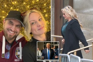 stormy daniels with her husband, left, former president trump, inset, and stormy daniels walking out of court.