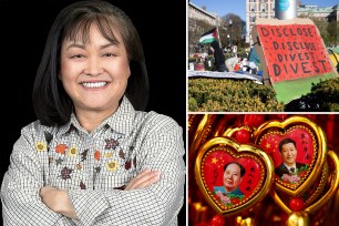 A woman, identified as Wang Fengying, smiling in front of a collage featuring images of Mao Zedong and Lou Yangsheng.