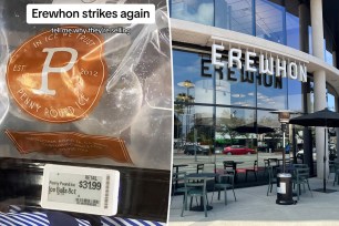 A close up of a bag of ice and a photo of Erewhon storefront