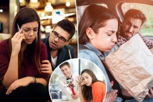 (Left) A nervous woman on the phone during date night.(Right) A picture of sick girl holding a bag and trying to vomit into it. (Inset) Disgusted woman rejecting a geek boy.