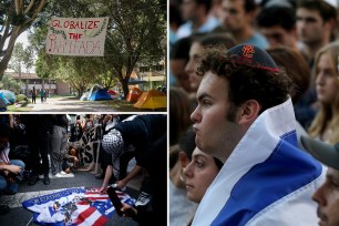 "Globalize the intifada" sign above campus encampment, top left; bottom right pro-palestine supporters burning israeli and american flags; at right, jewish student with israeli flag over shoulders, wearing yarmulke