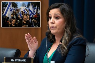 Elise Stefanik speaking into a microphone; protest in Israel demanding release of hostages from Gaza