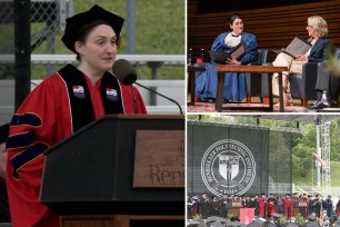 Liz Wisan in graduation robe and hat speaking at podium, left; top right, Wisan acting in "The Gilded Age" as Emily Warren Roebling; bottom left, RPI grad ceremony.
