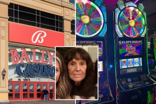 Composite of the front of Bally's to the left, slot machines to the right and a picture of a woman inset in the middle.