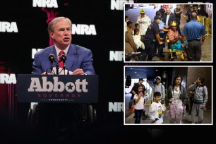 Gov. Greg Abbott and migrants on buses